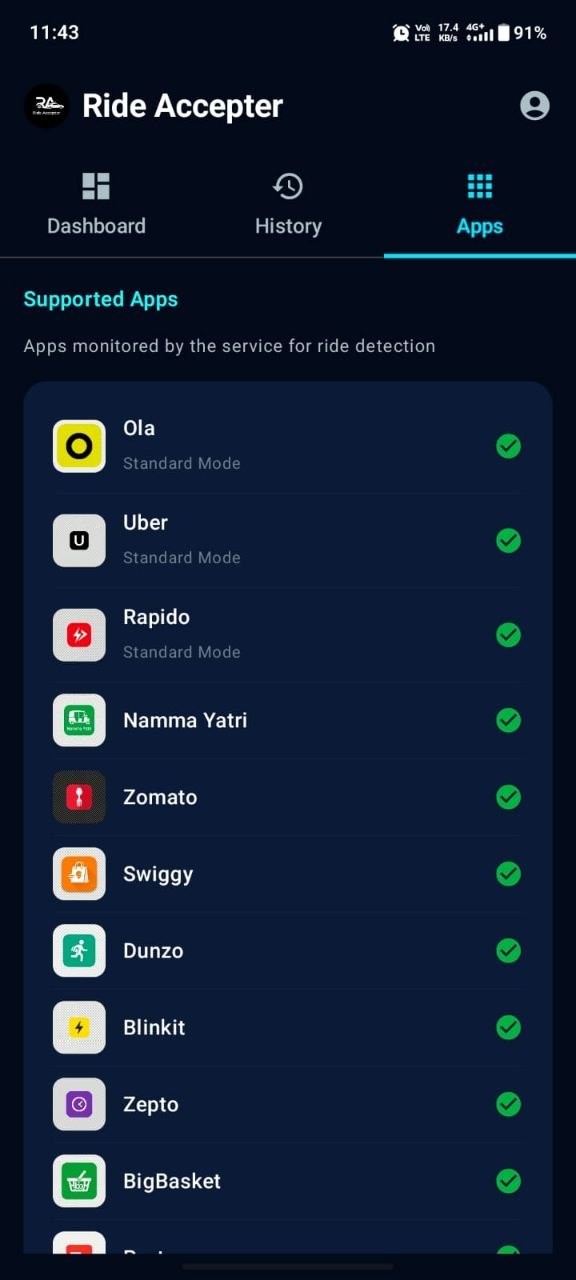 Rider Accept supported apps screen