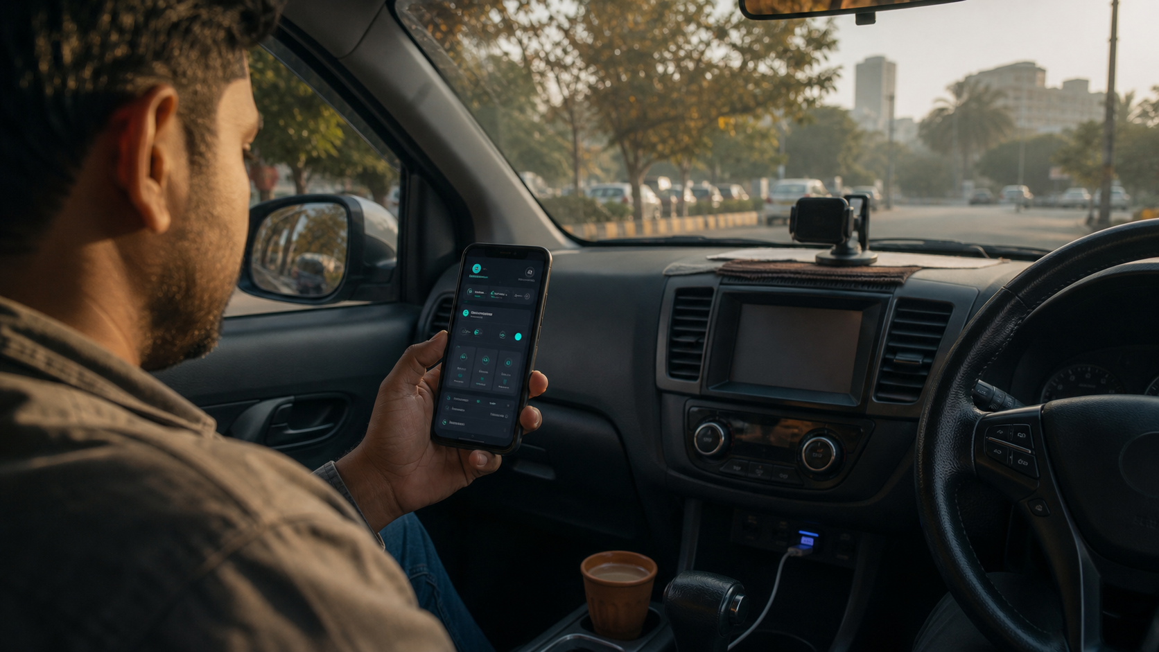 Driver checking an auto ride booking app before starting work