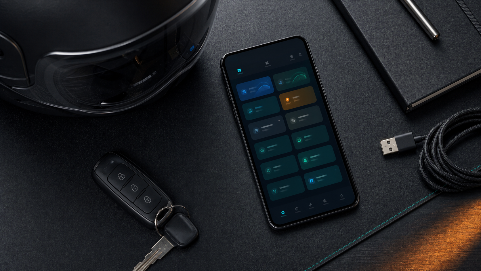 Organized driver app setup with phone scooter key and helmet visor