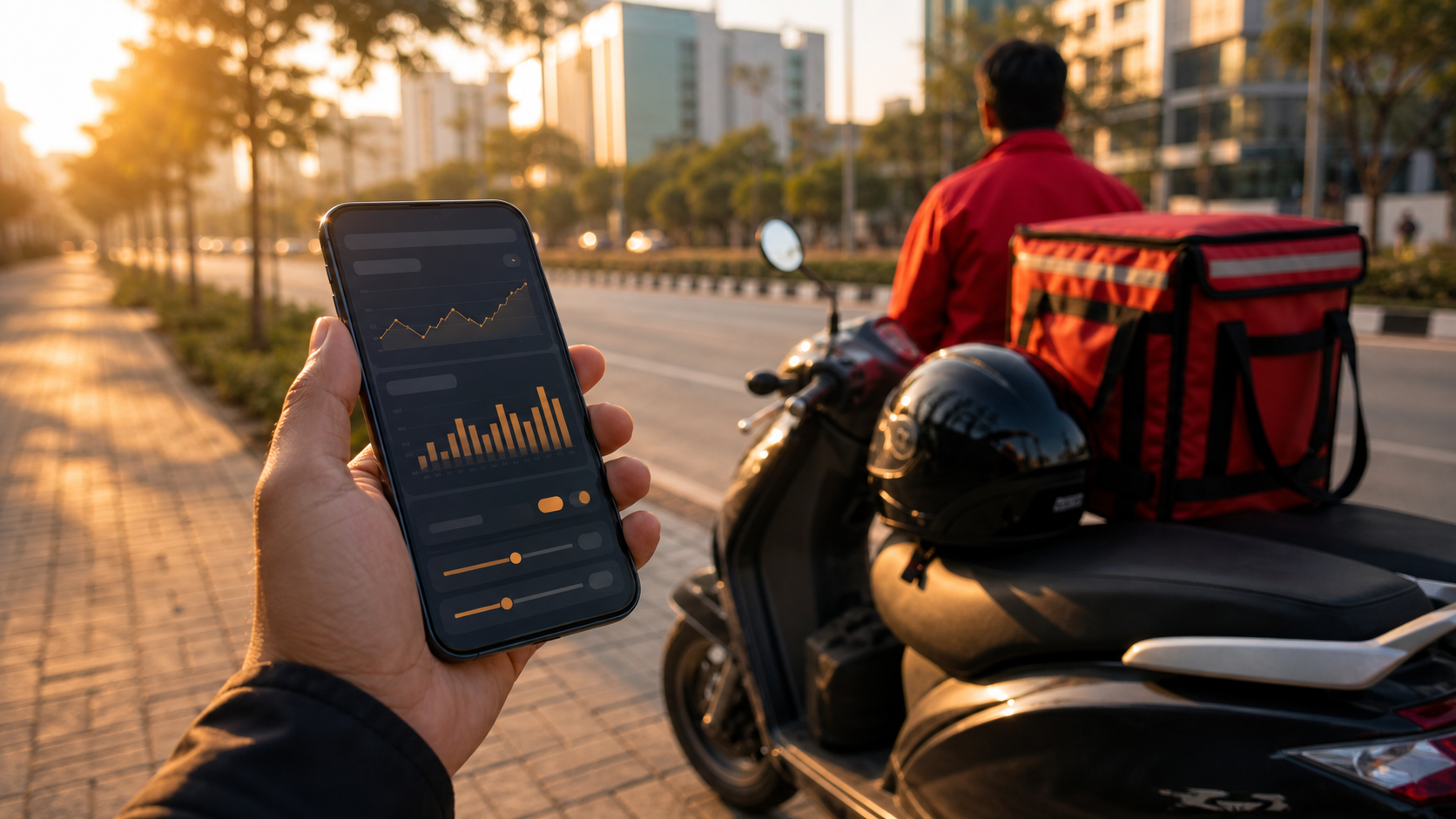 Delivery rider reviewing fare filter analytics on a smartphone
