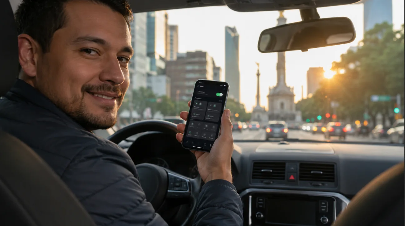 Conductor en México revisando apps de viaje en un teléfono Android