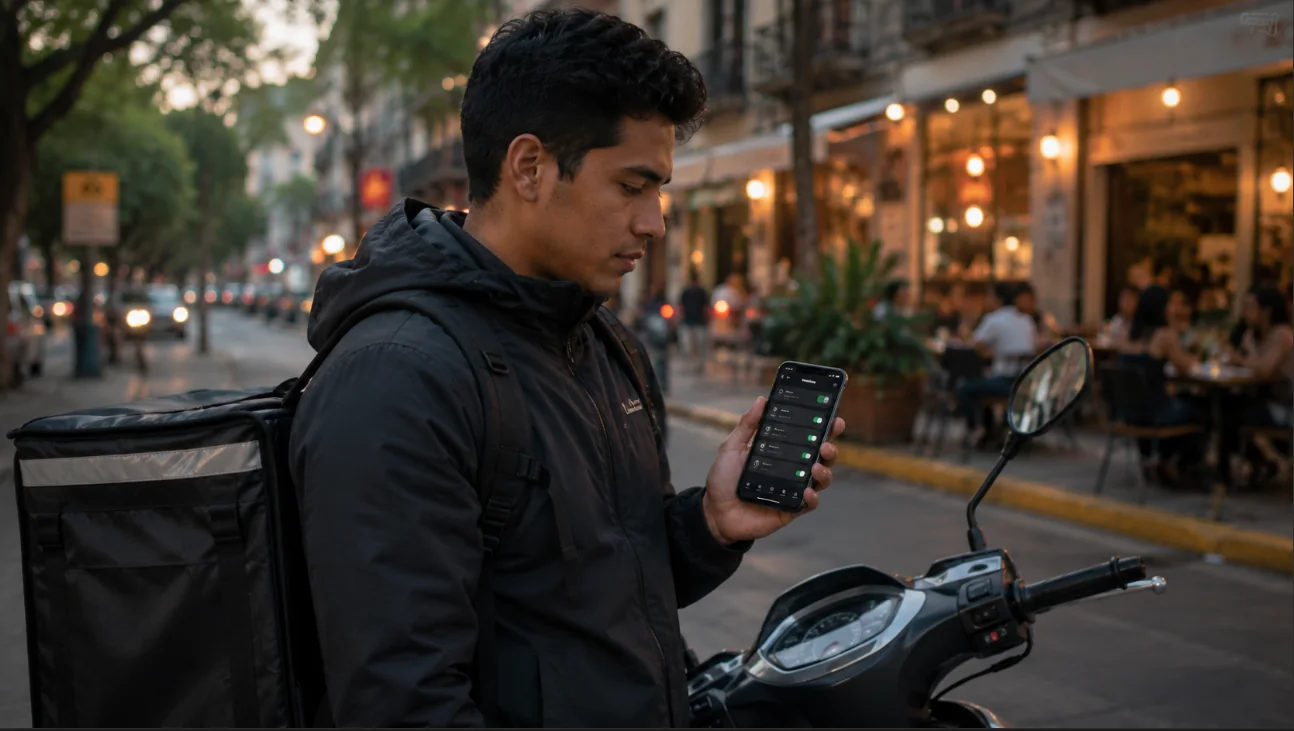 Repartidor en México configurando permisos Android para una app de trabajo
