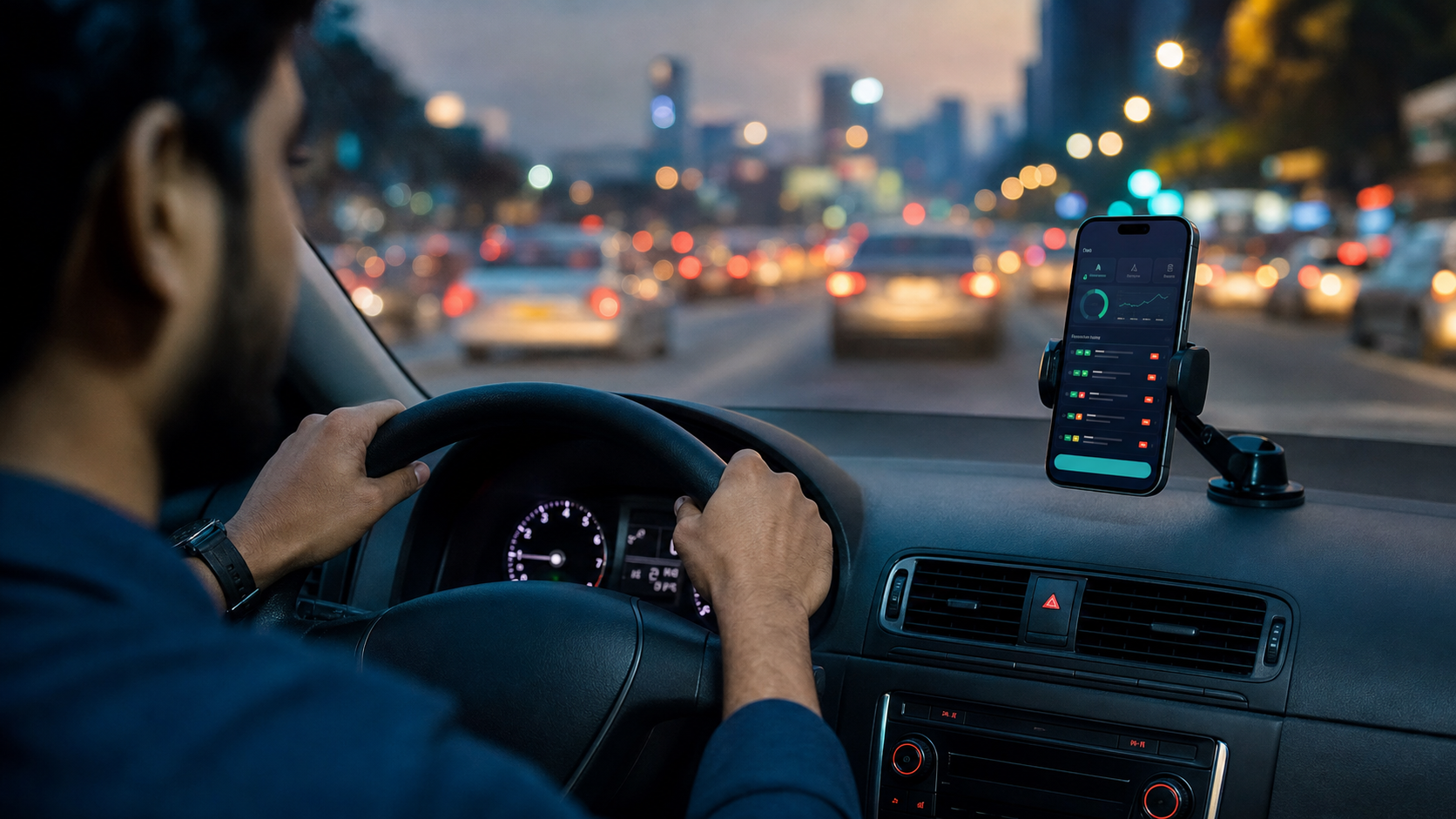Indian driver using a ride auto accept app dashboard in a car