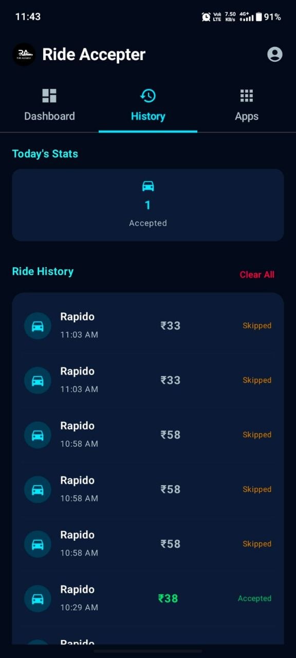 Rider Accept ride history screen