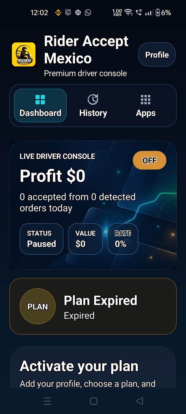 Panel de Rider Accept Mexico con profit en dolares, estado del servicio y plan activo